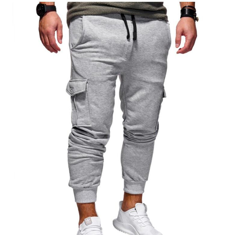 Men's cargo sweatpants, light grey with drawstring, cargo pockets, cuffed jogger hems