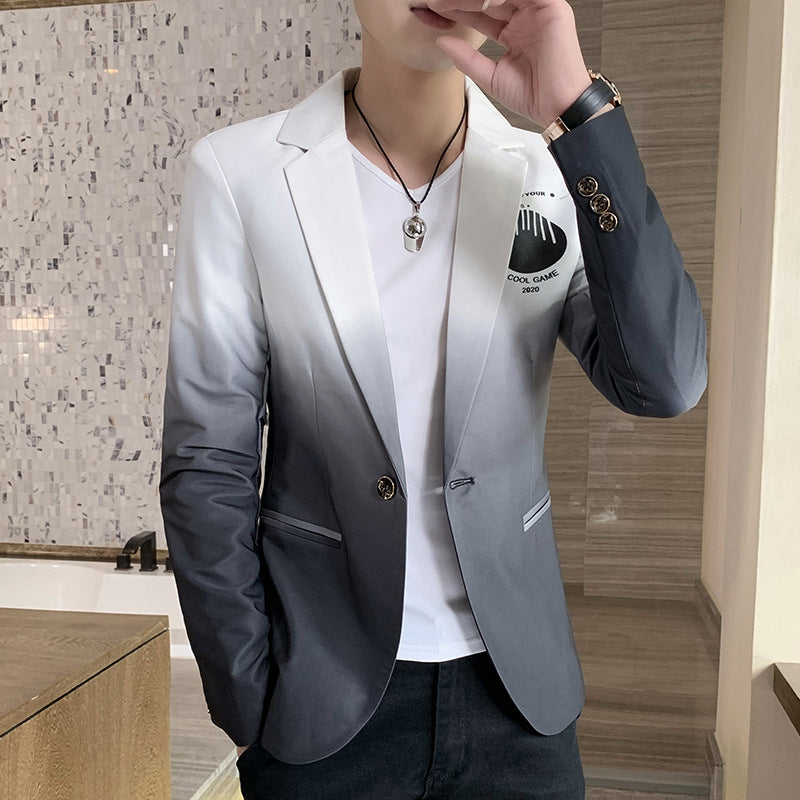 Men's navy dress jacket with notch lapels, gold-tone buttons, and two front pockets