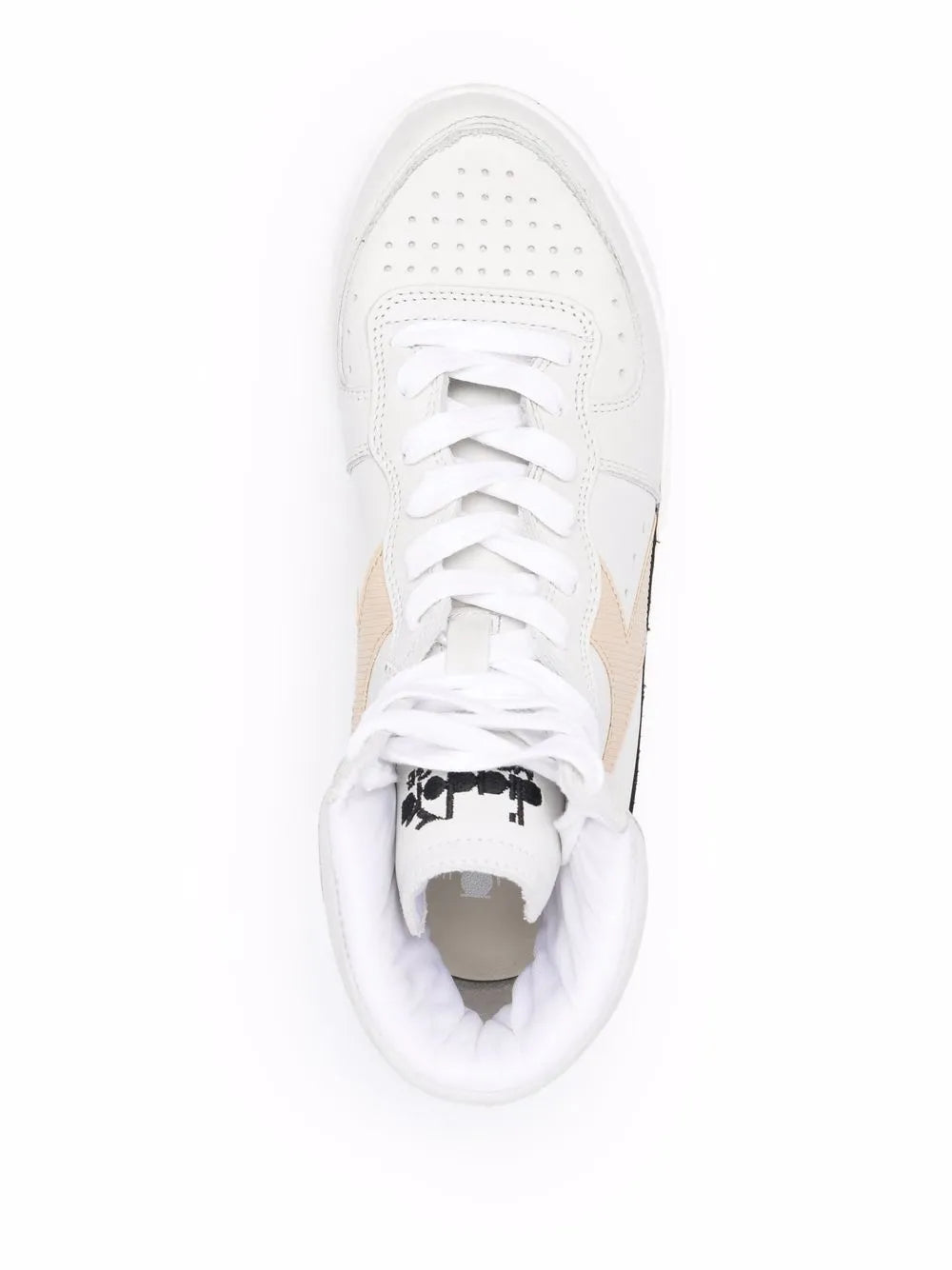 White high-top sneakers viewed from above with lace-up tongue and perforated toe box