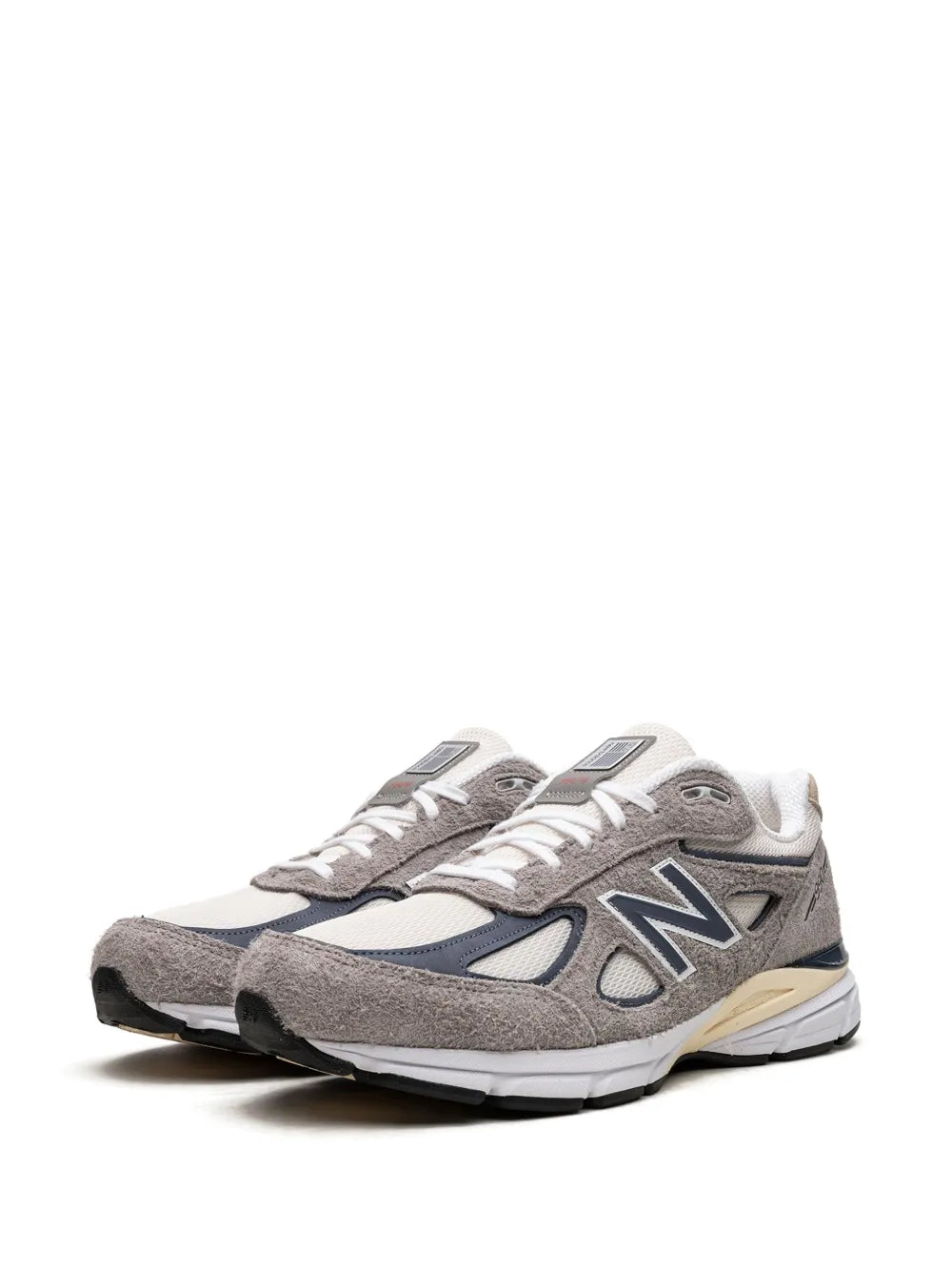 Grey running shoes, front view with N logo and white laces