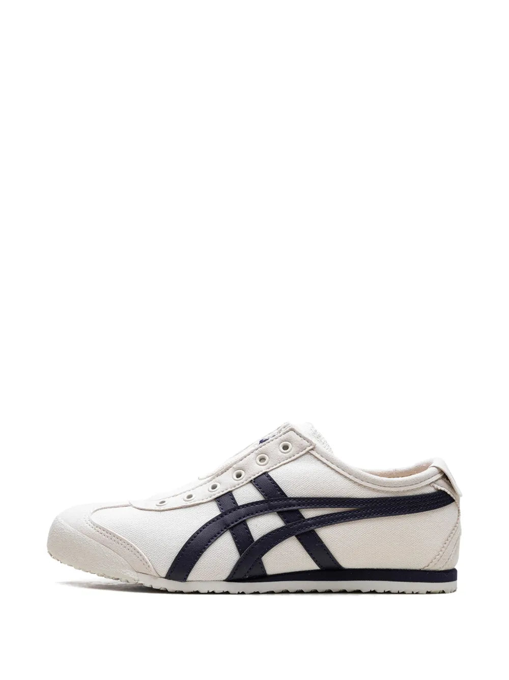 Low-top sneakers in white with navy stripe wrap and perforated lace panels