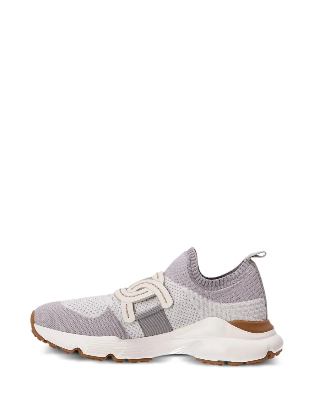 Tod's Kate sneaker, front side view with gray knit upper, white midsole, brown sole.