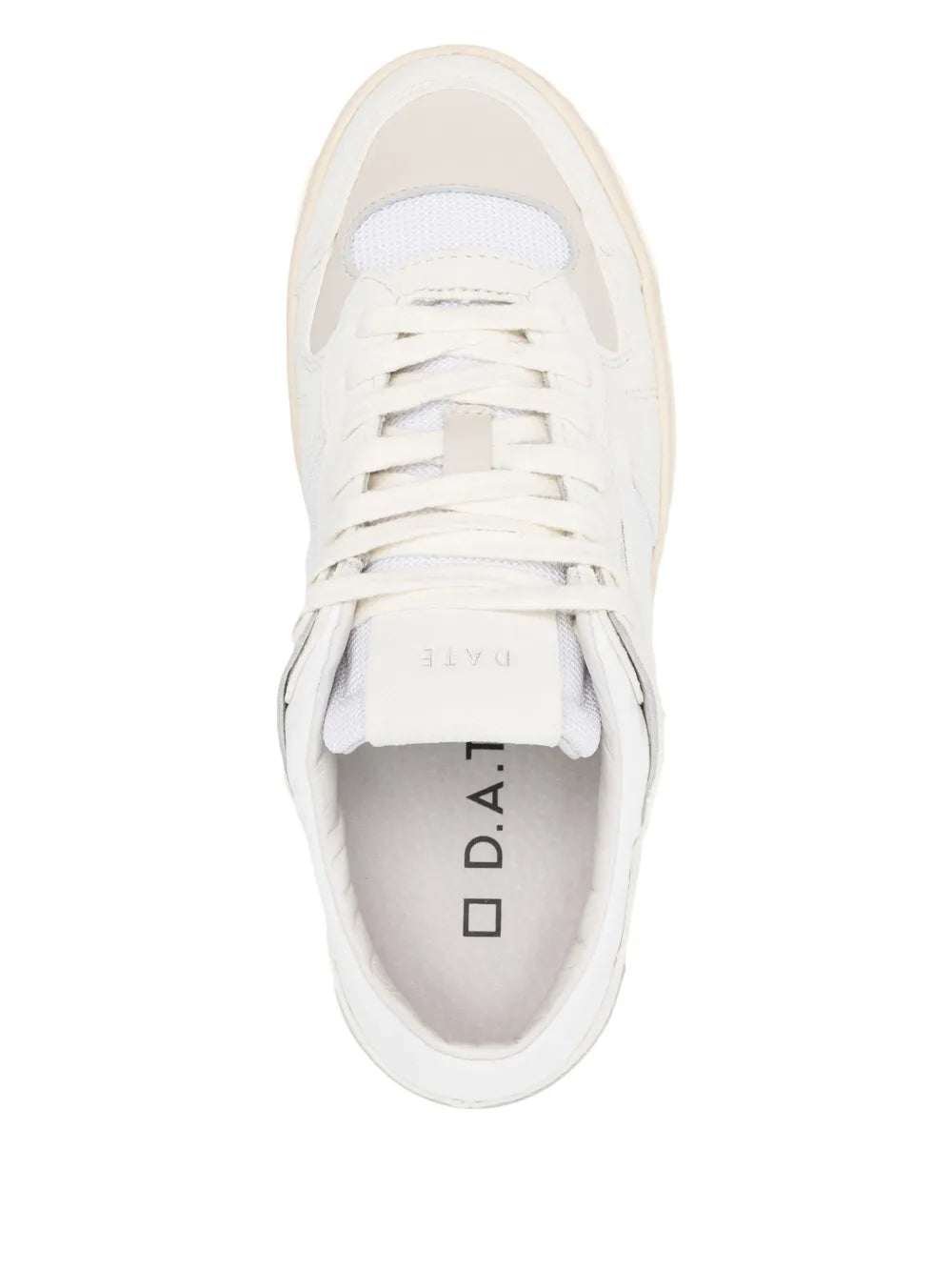 White lace-up sneaker showing D.A.T.E. logo on tongue lining and padded collar