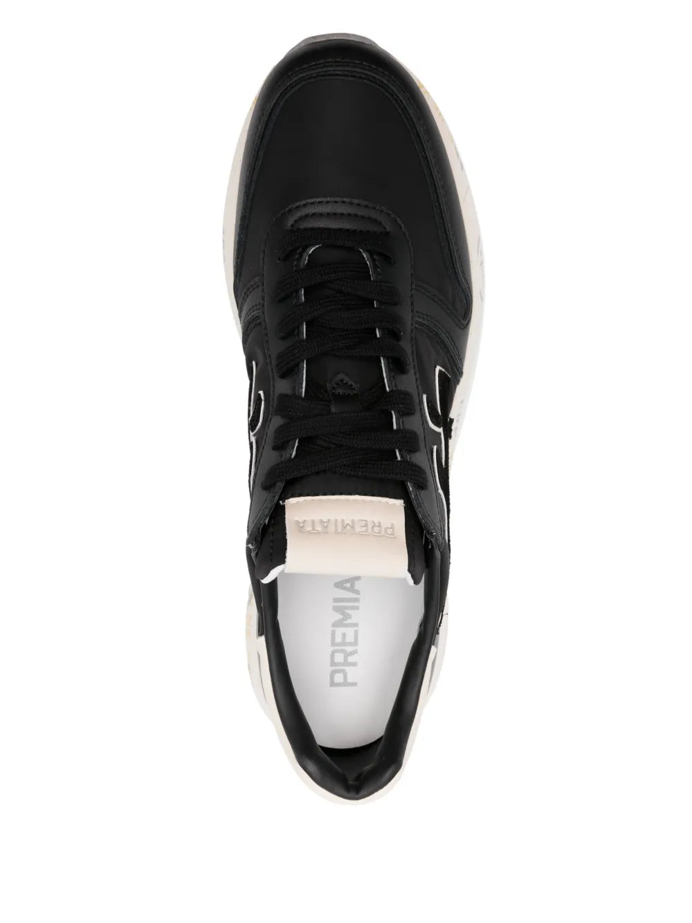 Black lace-up trainers top view, padded tongue, visible insole branding