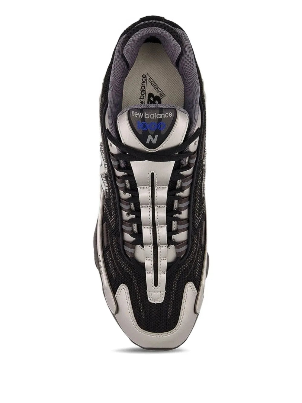 New Balance 1000 sneakers heel view with black mesh, gray overlays, lace-up and tongue branding