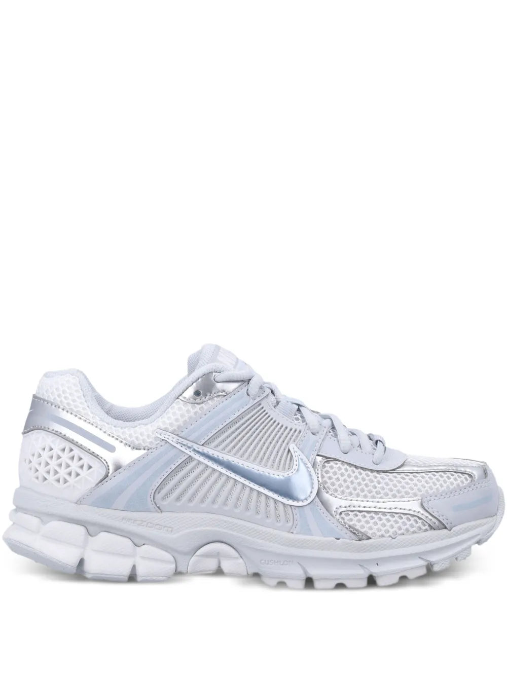 Nike Zoom Vomero 5 running shoe in white with light blue swoosh and mesh upper