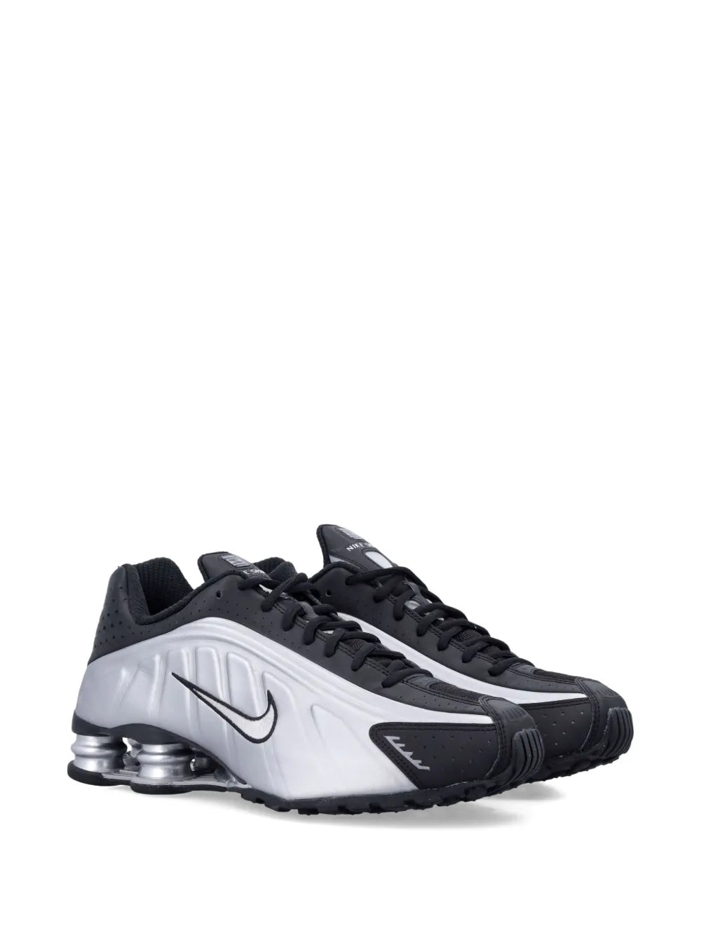 Metallic silver and black lace-up trainers with swoosh and ribbed sole air pods