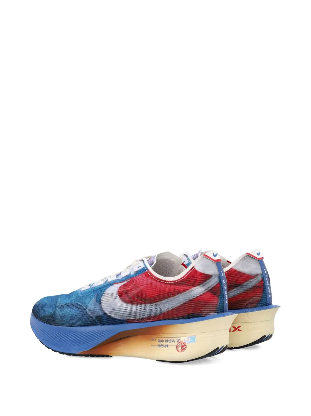 Blue running shoe with red-and-silver side panels, white laces, tan sole