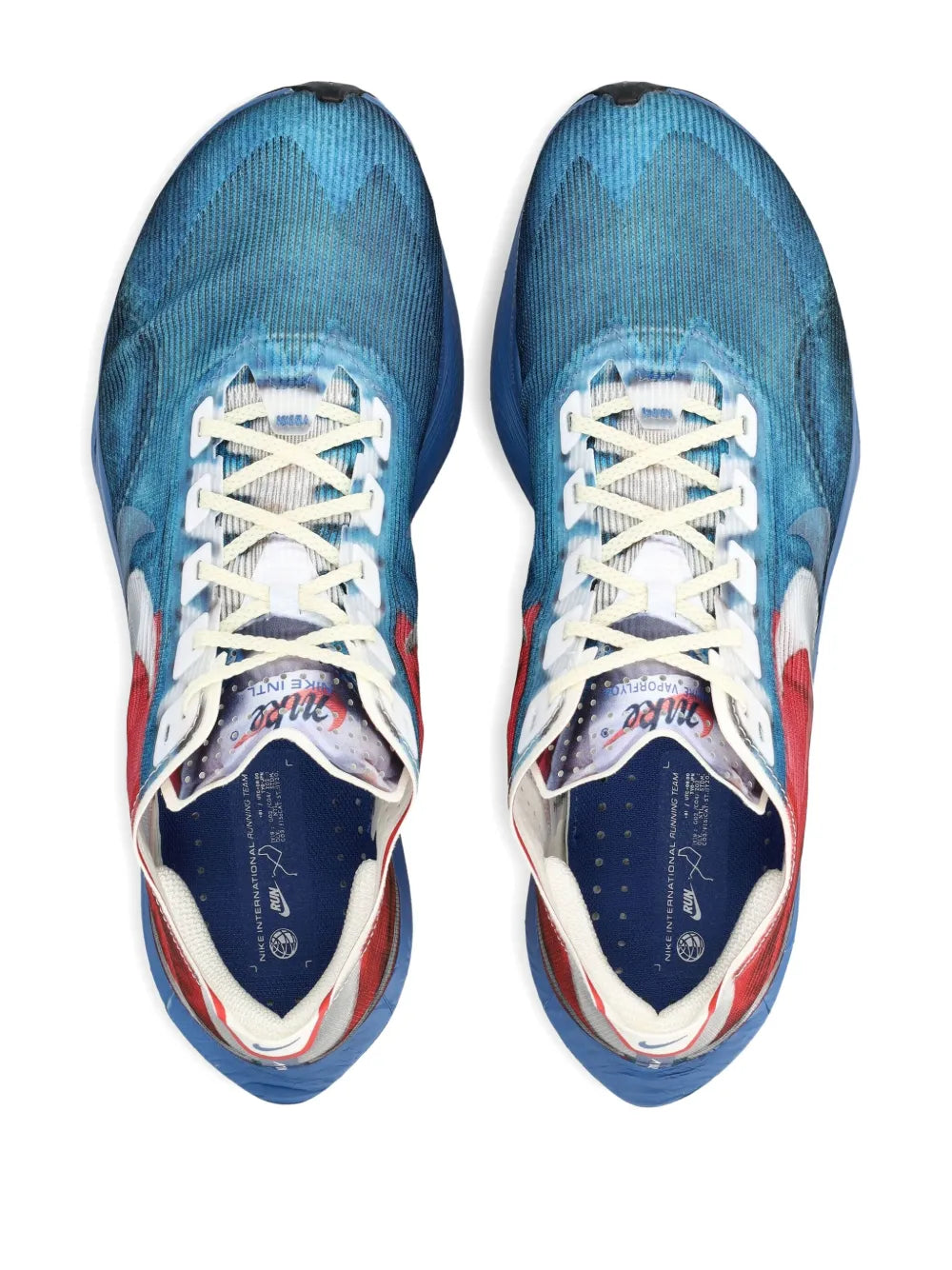 Blue running shoe pair, white laces and red swoosh detail on woven upper