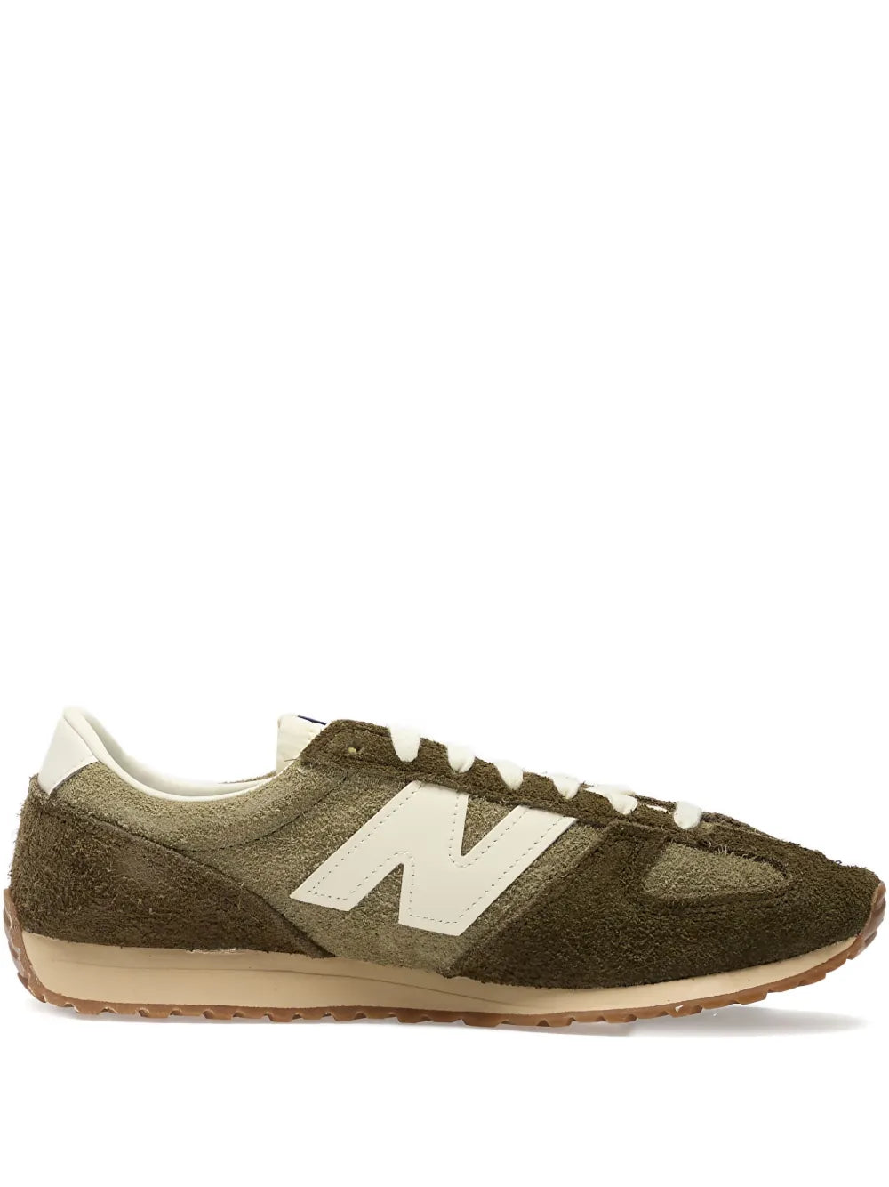 New Balance suede-leather sneaker, olive green with white logo and gum sole
