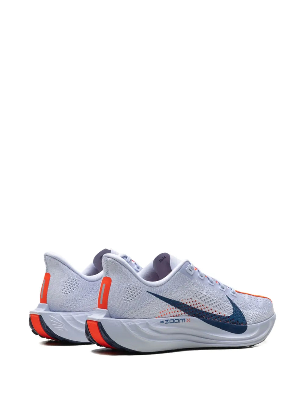 Light gray running shoe with navy swoosh, orange heel panel, foam midsole