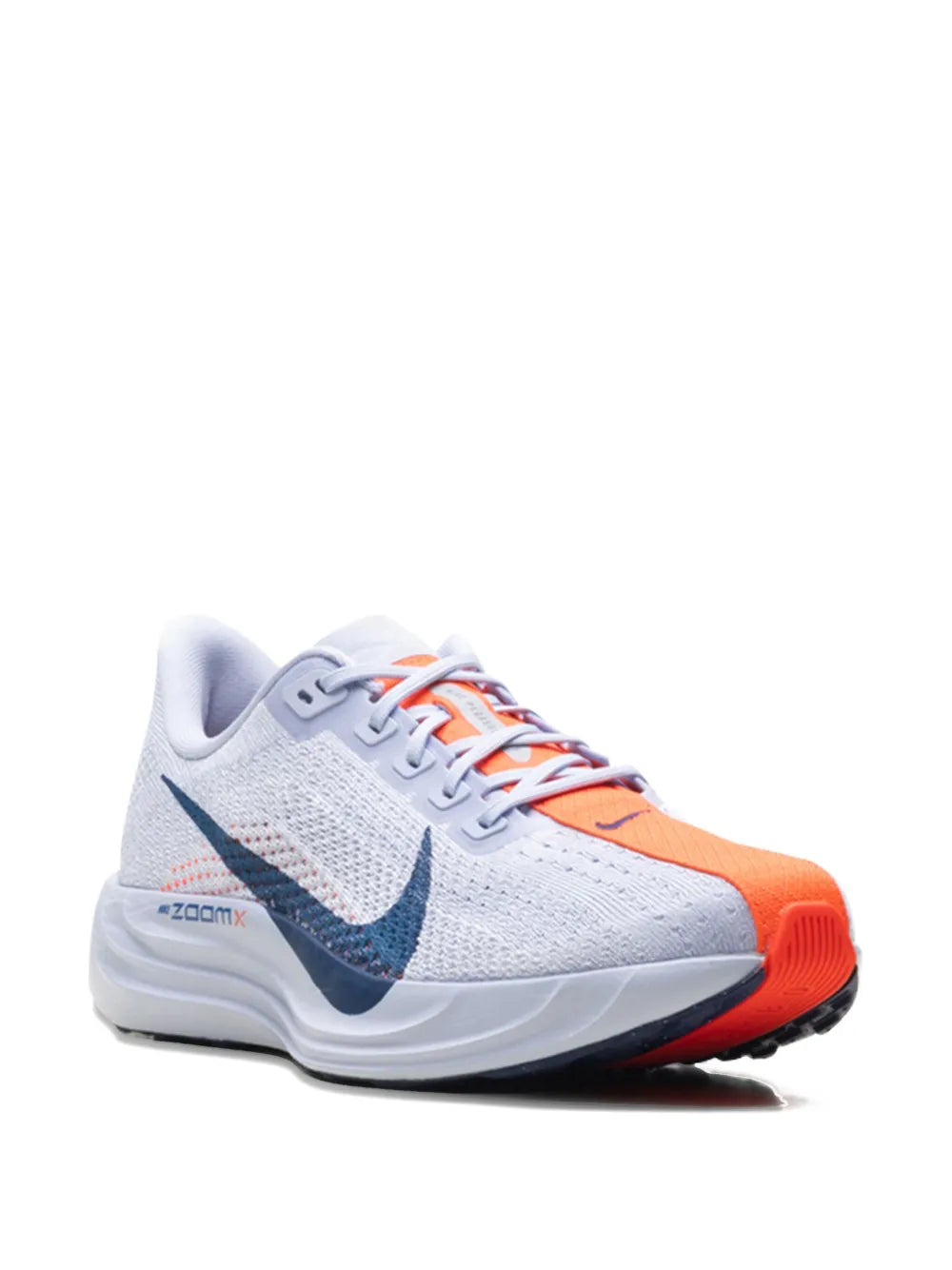 Light gray lace-up running shoe with navy swoosh, orange heel and toe trim