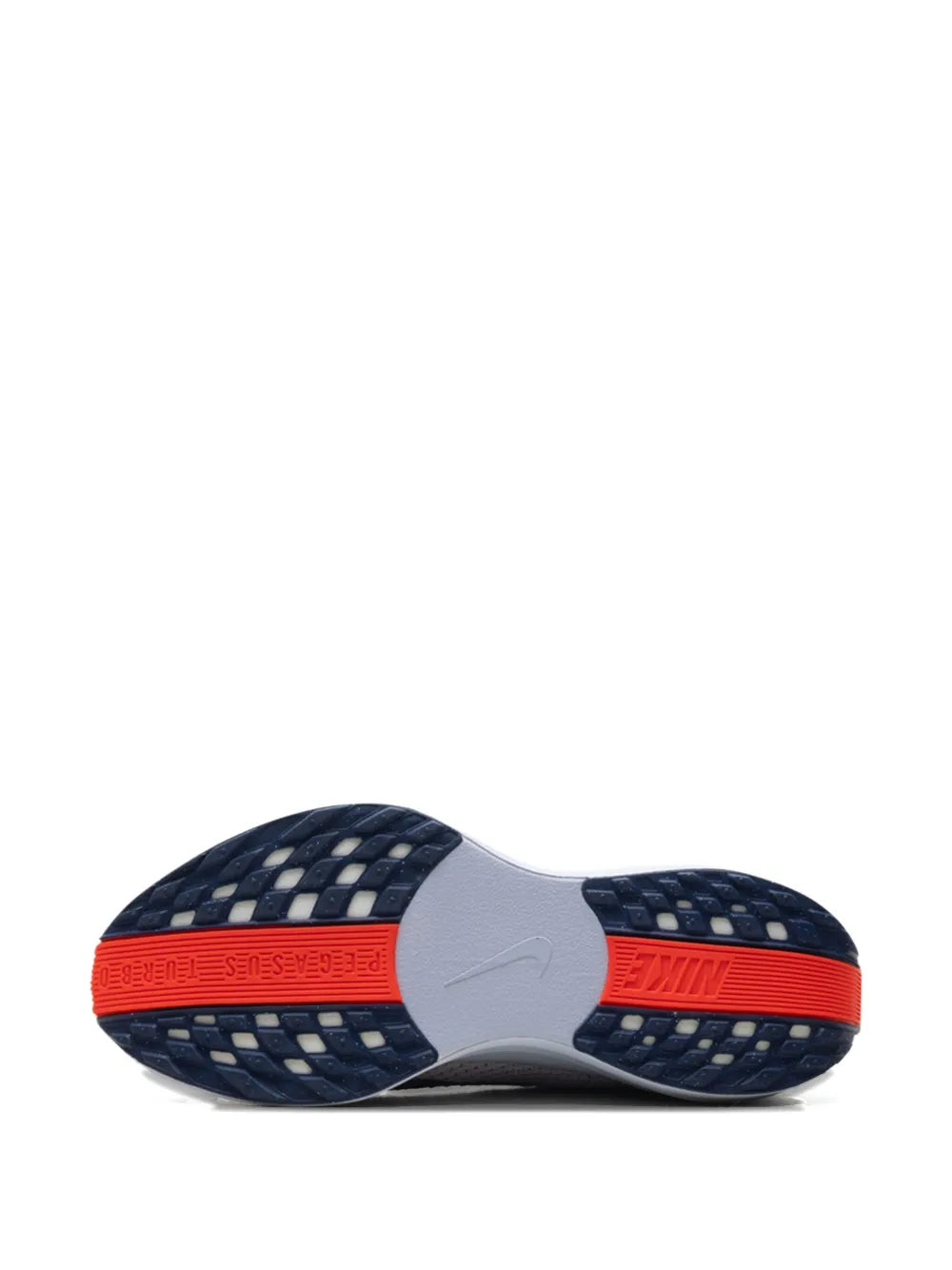 Rubber outsole with navy tread pods and orange edge accents