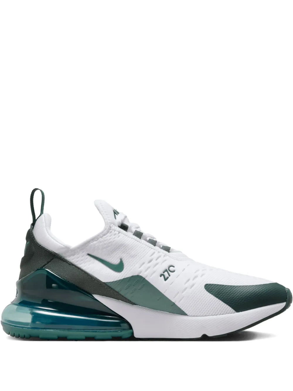 Nike Air Max 270 sneakers with white mesh upper, dark green swoosh, teal air sole.