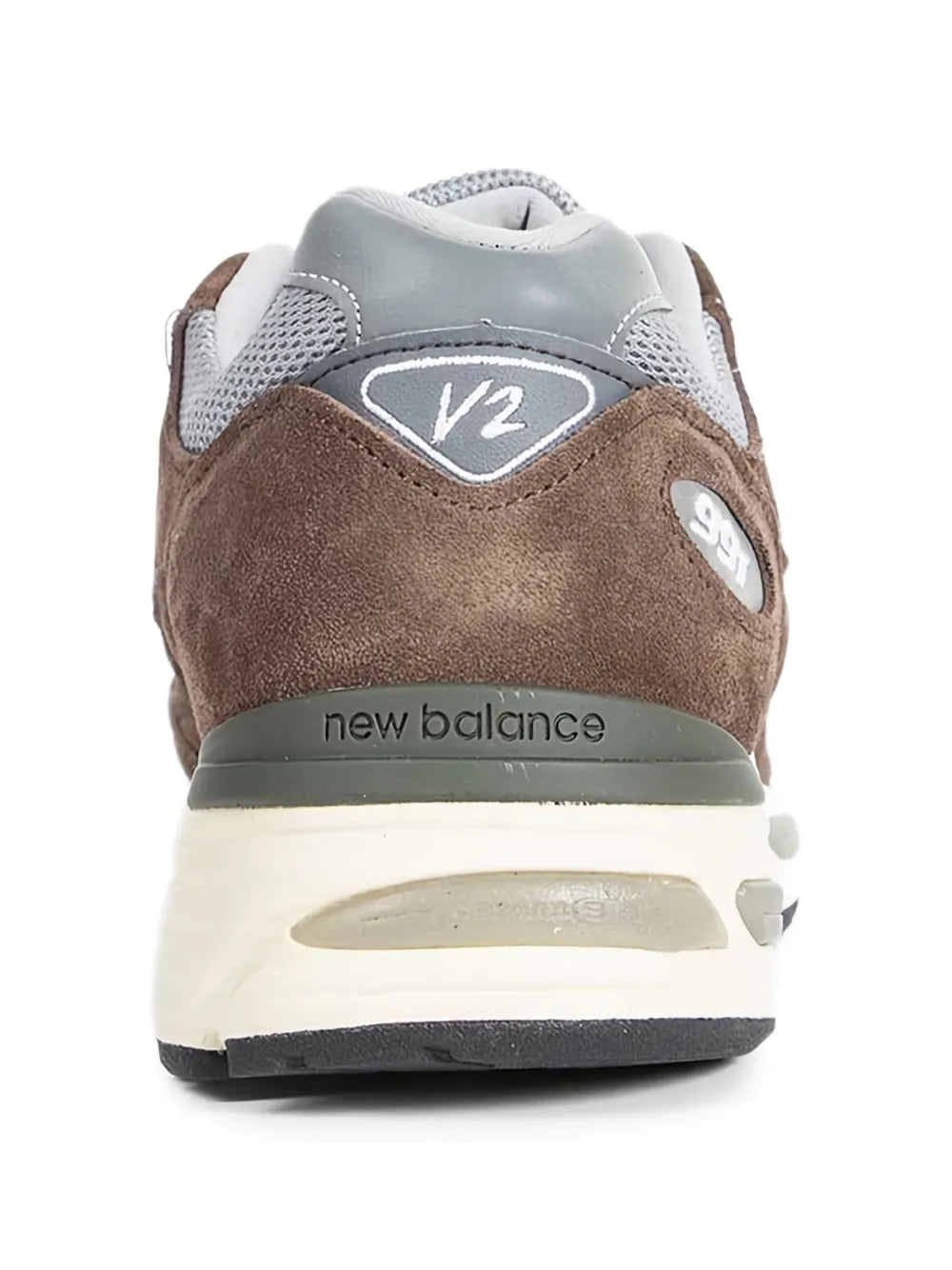 New Balance 991V2 sneaker heel, brown suede back with 'new balance' logo