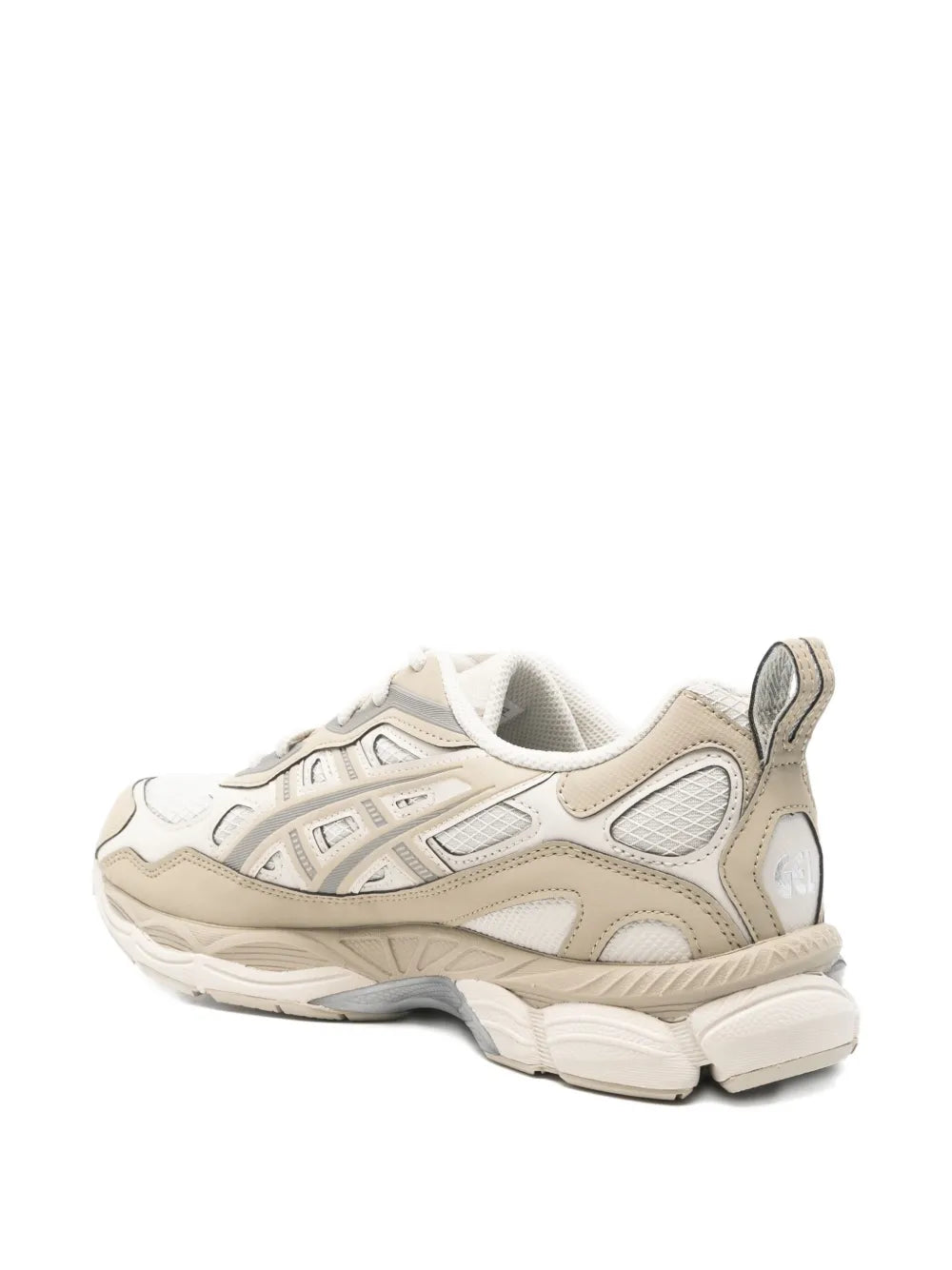 ASICS panelled sneakers, rear side view, white with grey and beige panels, chunky sole