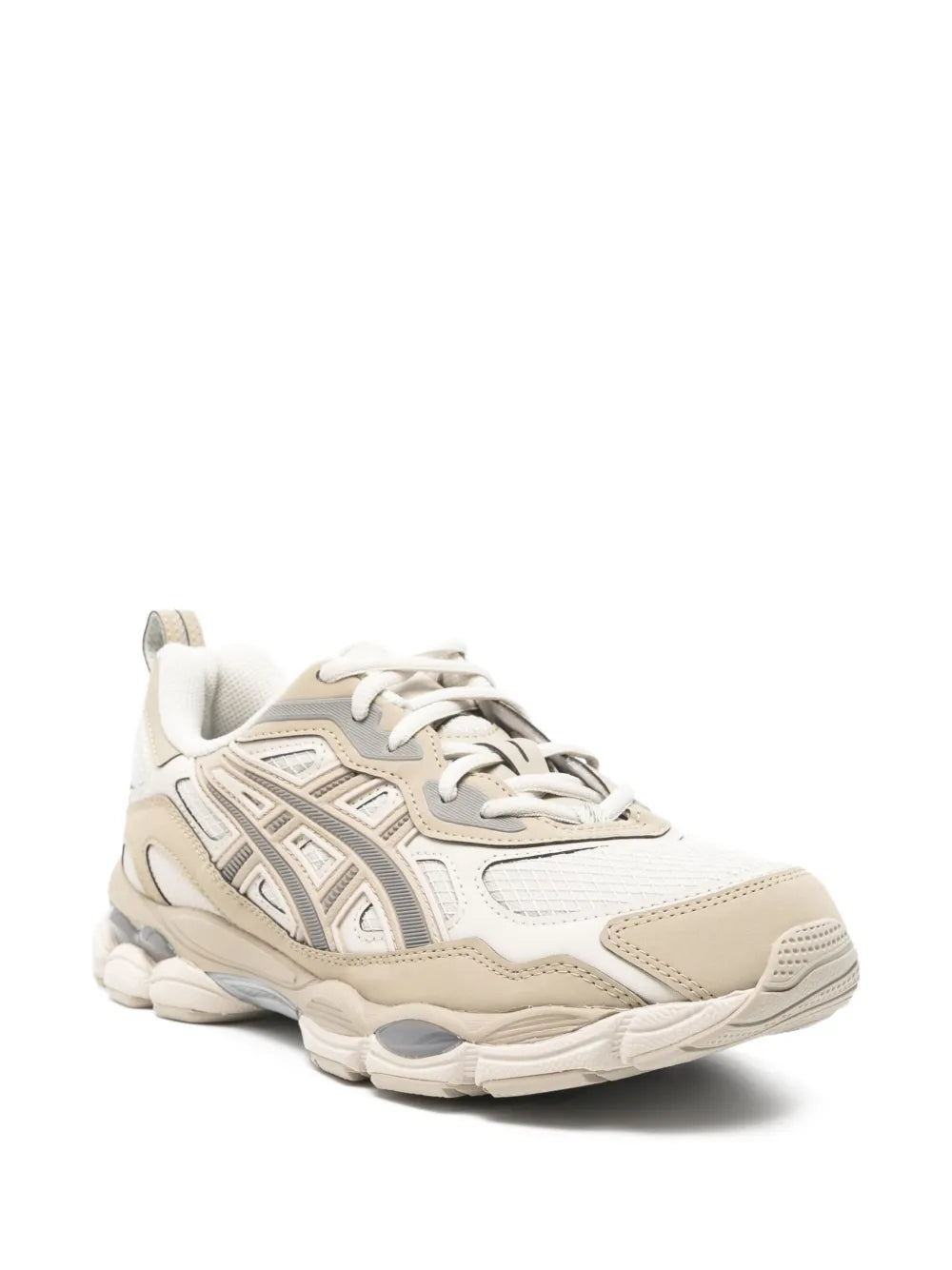 ASICS panelled sneakers, white with grey and beige panels, lace-up, cushioned sole