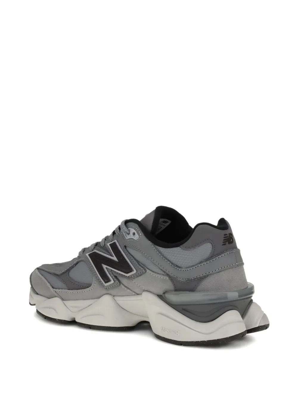 Grey running sneaker side and heel view with sculpted sole and N logo
