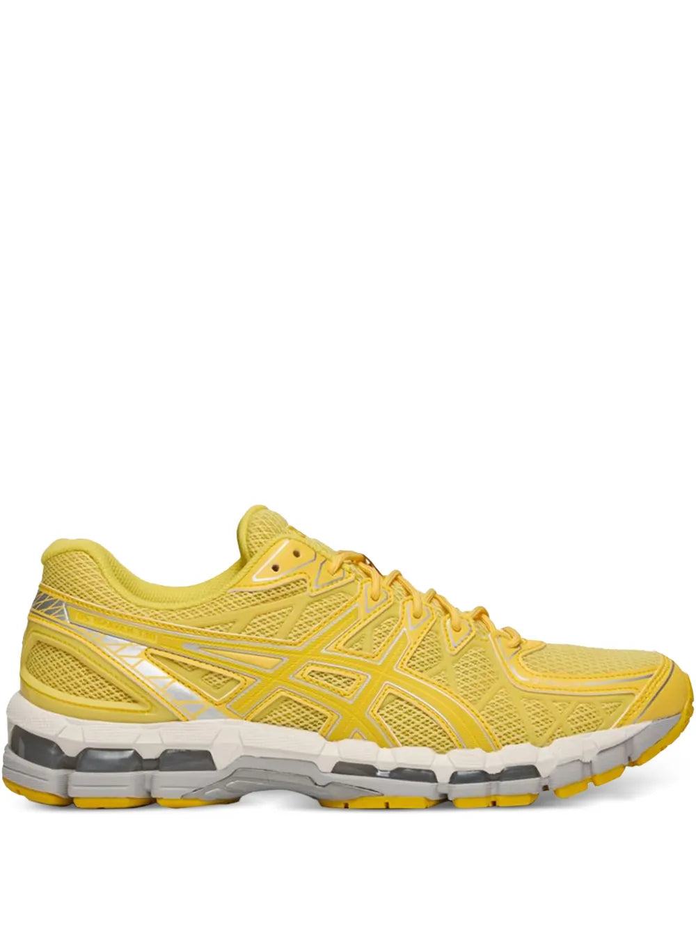 Yellow ASICS Gel-Kayano 20 running shoe with lace-up mesh upper and patterned side