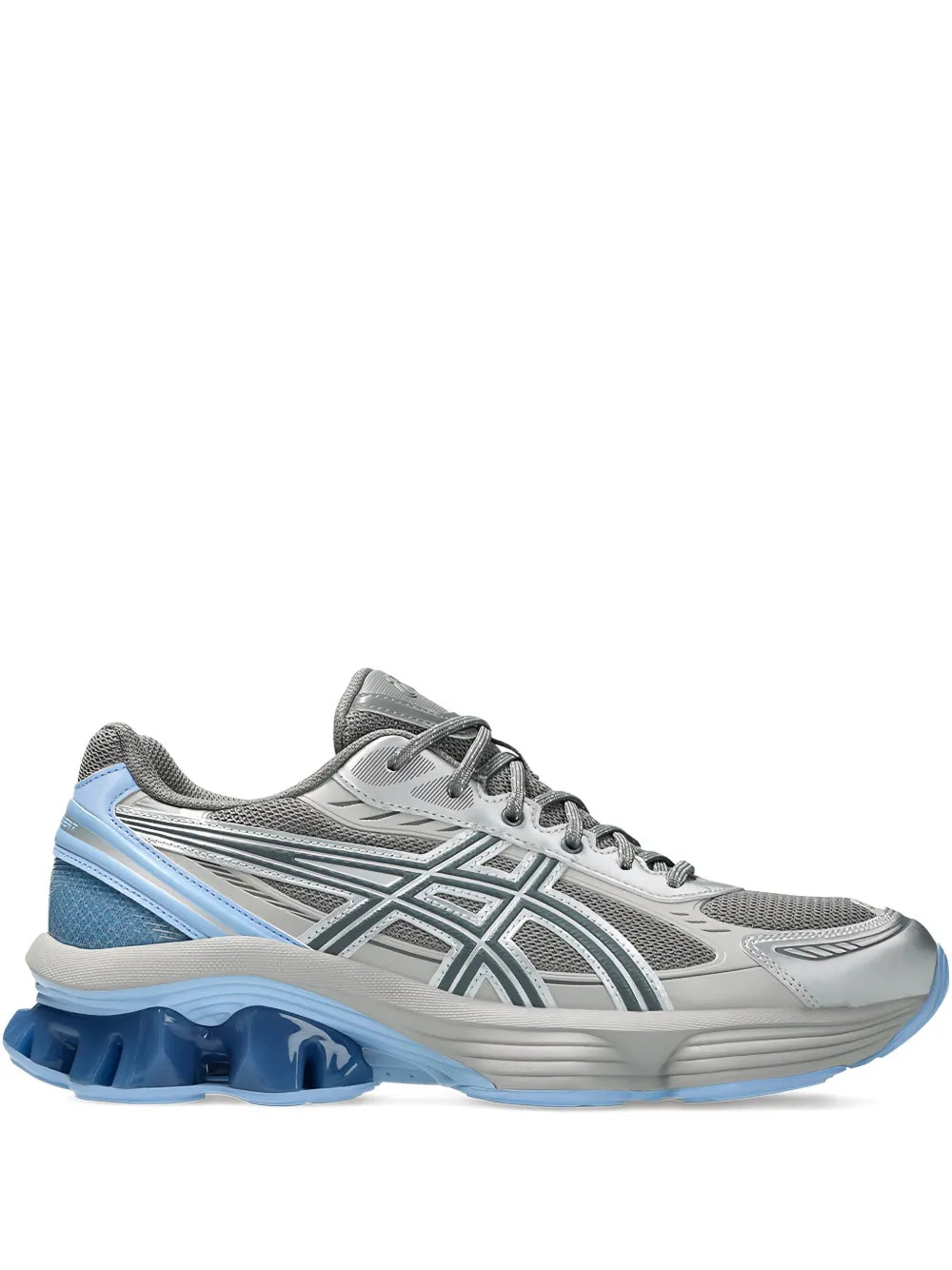 Grey lace-up running shoe with blue gel-look midsole and patterned side stripes