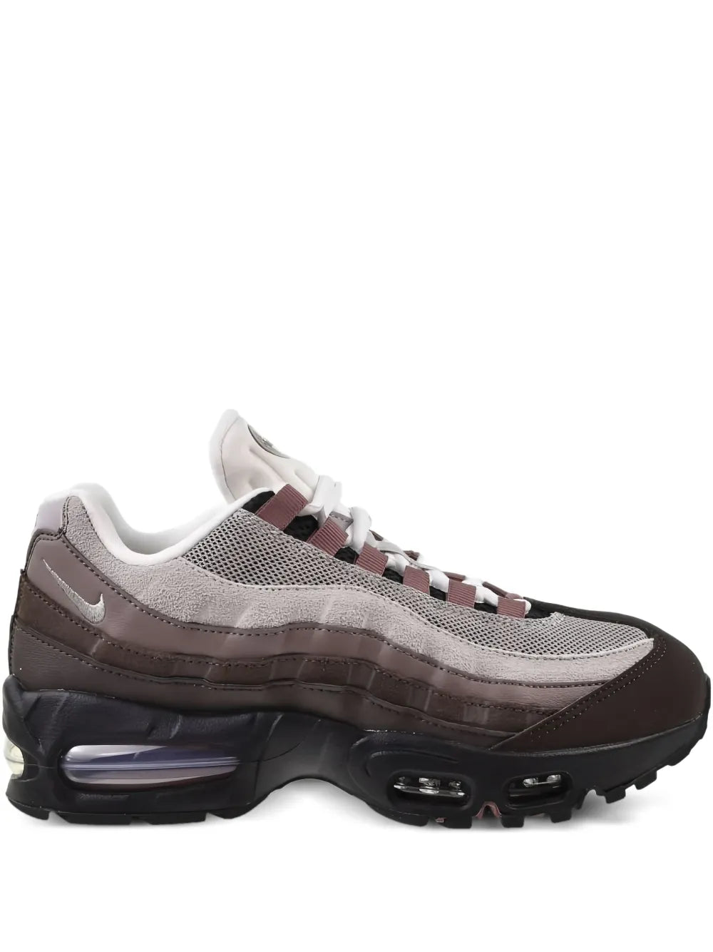 Nike Air Max 95 sneakers in dark brown, white, and gray with air-cushioned sole