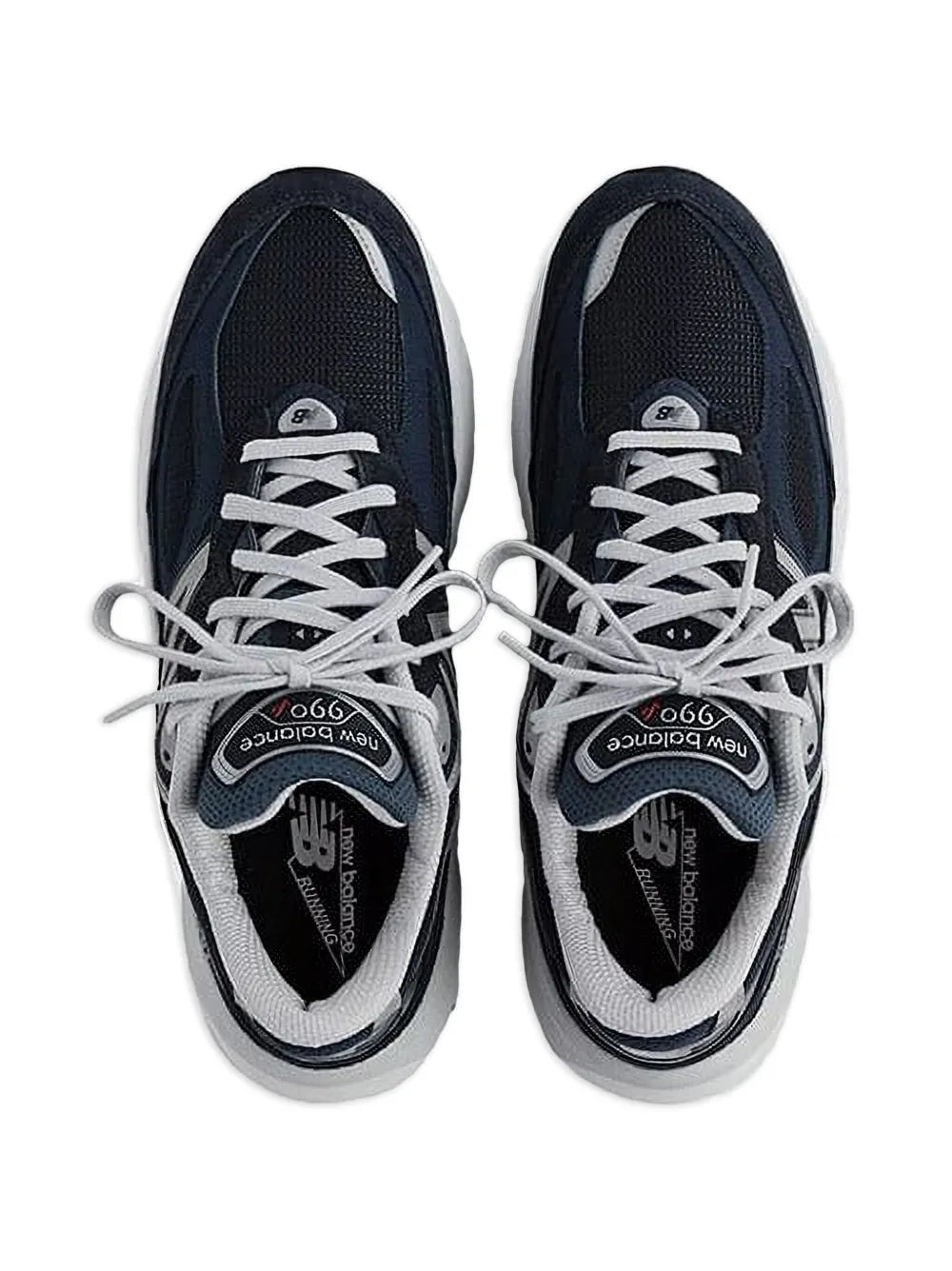 Navy running sneakers with white laces and gray mesh panels; front view