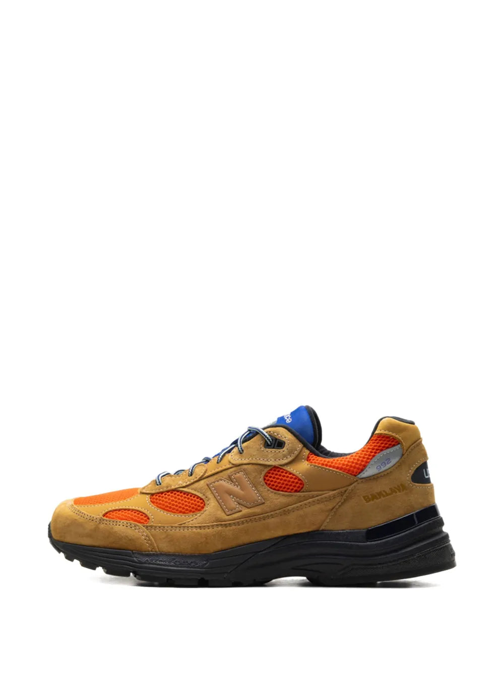 Tan suede New Balance 992 sneakers with orange-red panels, blue collar, black midsole