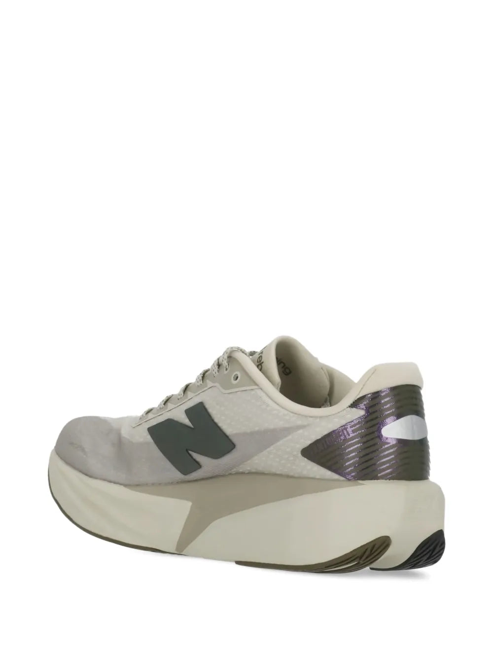 Rear view beige sneakers with purple-tinted heel detail and foam midsole