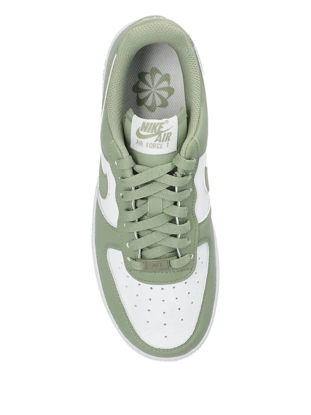 Green Nike lace-up sneaker with padded collar, white toe panel, and laces