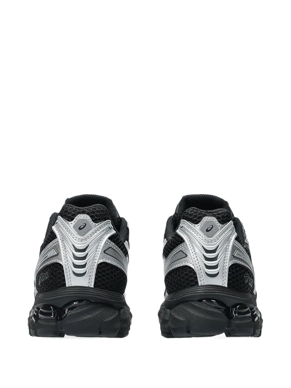 ASICS lace-up running shoe heel view in black and silver with padded back collar