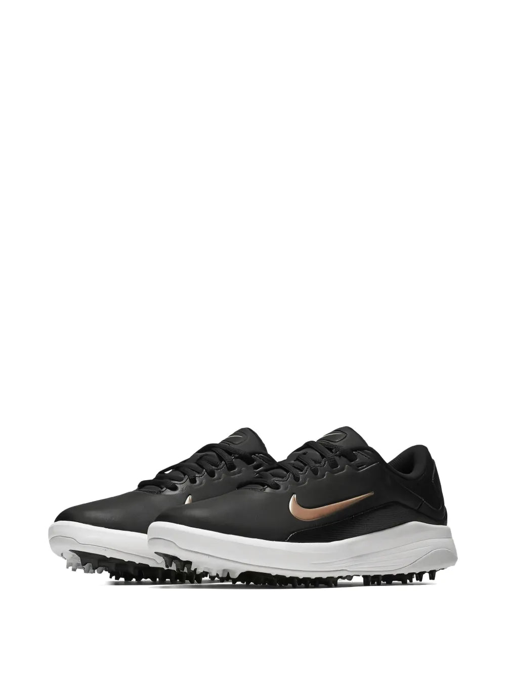 Black Nike Vapor G golf shoe, side view, tan swoosh and spiked sole