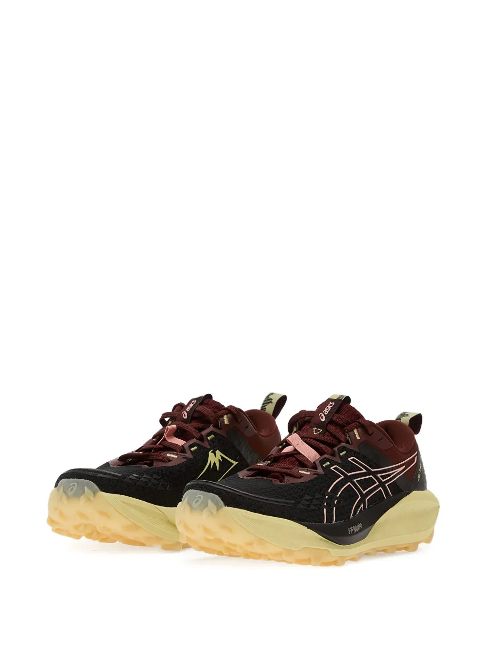 Trail running shoes pair, maroon and black uppers with neon yellow accents