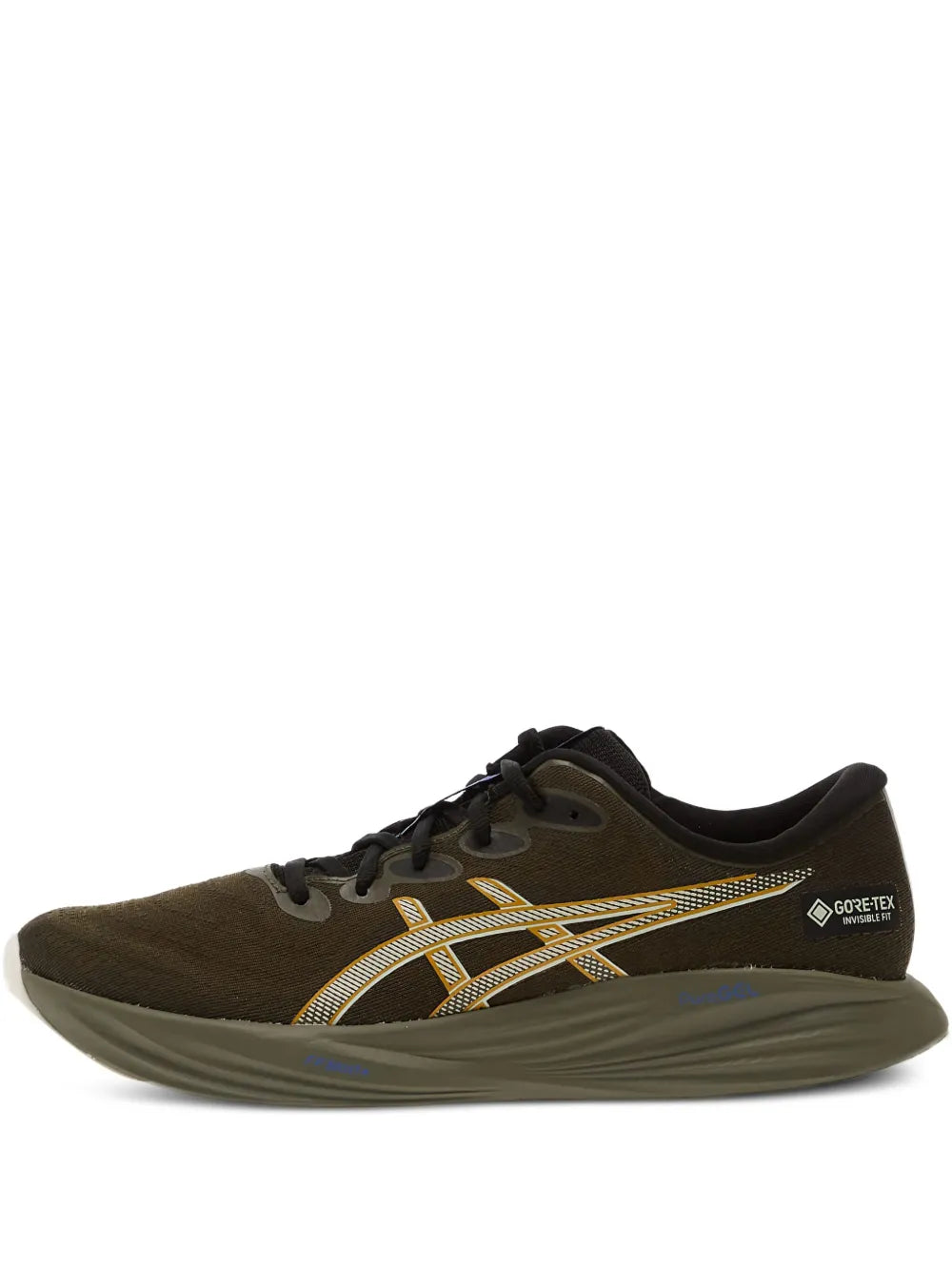 ASICS Gel-Cumulus 27 Gtx GORE-TEX brown running shoe, side view with yellow stripes