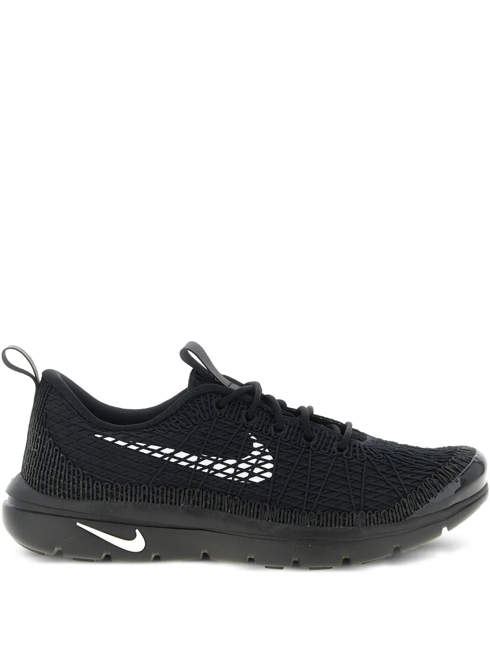 Black knit running sneaker with white Swoosh logo and lace-up closure