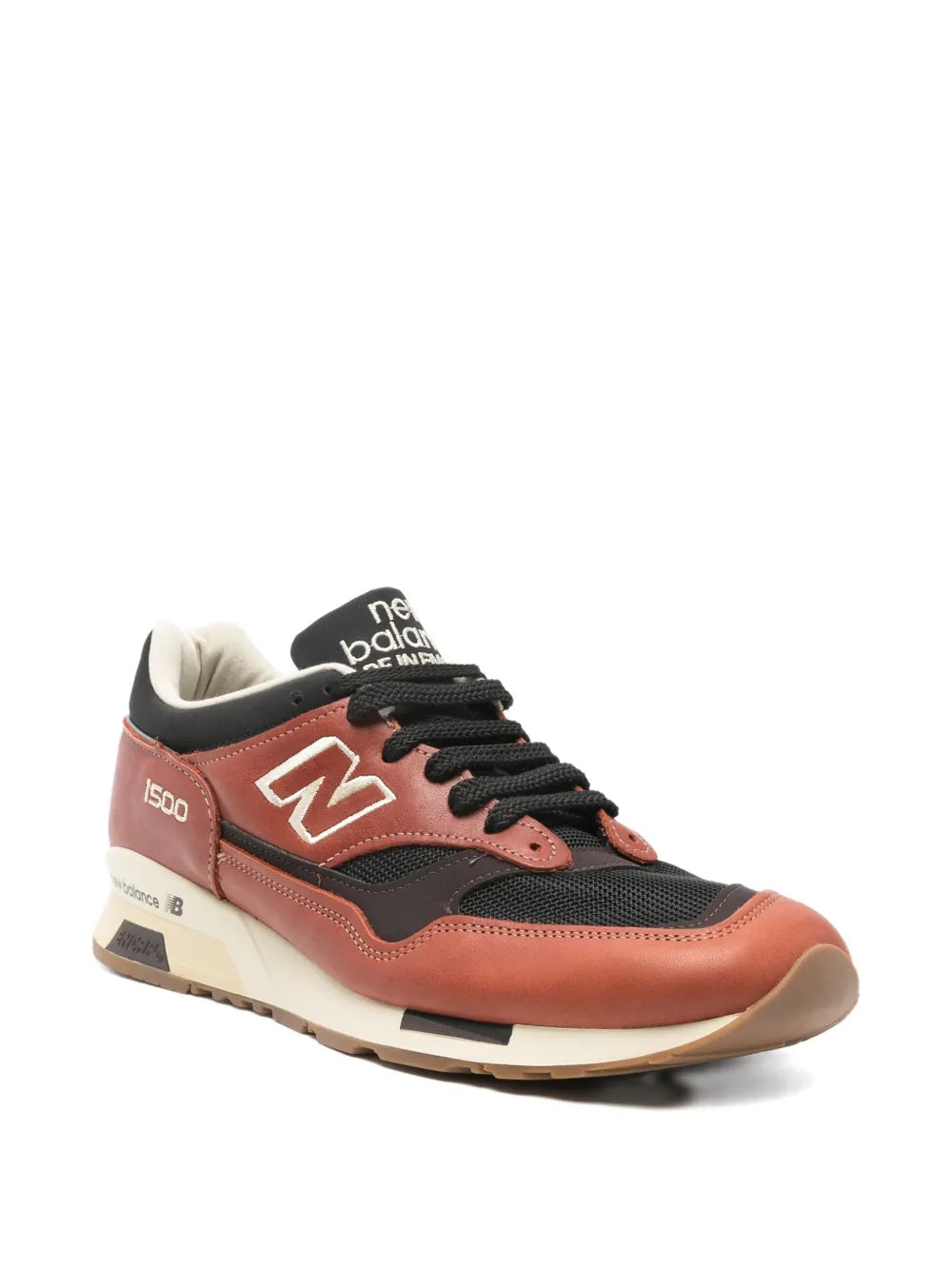 New Balance 1500 lace-up sneakers, rust brown and black with off-white midsole