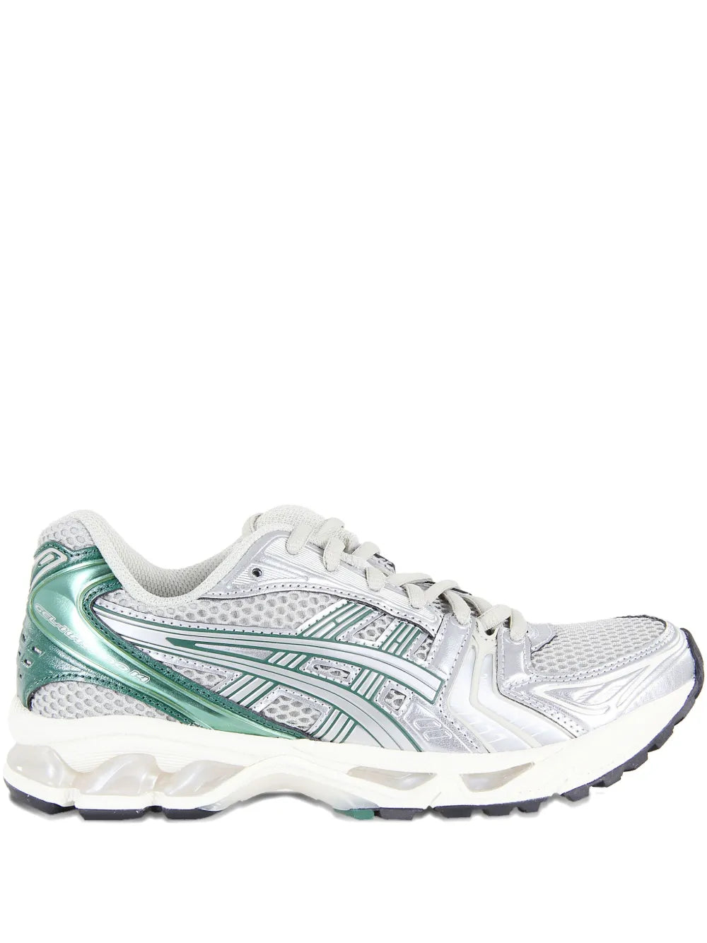 ASICS Gel-Kayano running trainers: white mesh, green stripes, cushioned sole