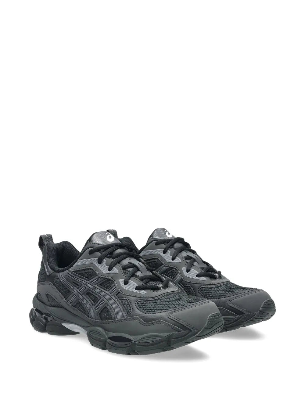 Black lace-up running shoes, side view with thick cushioned outsole