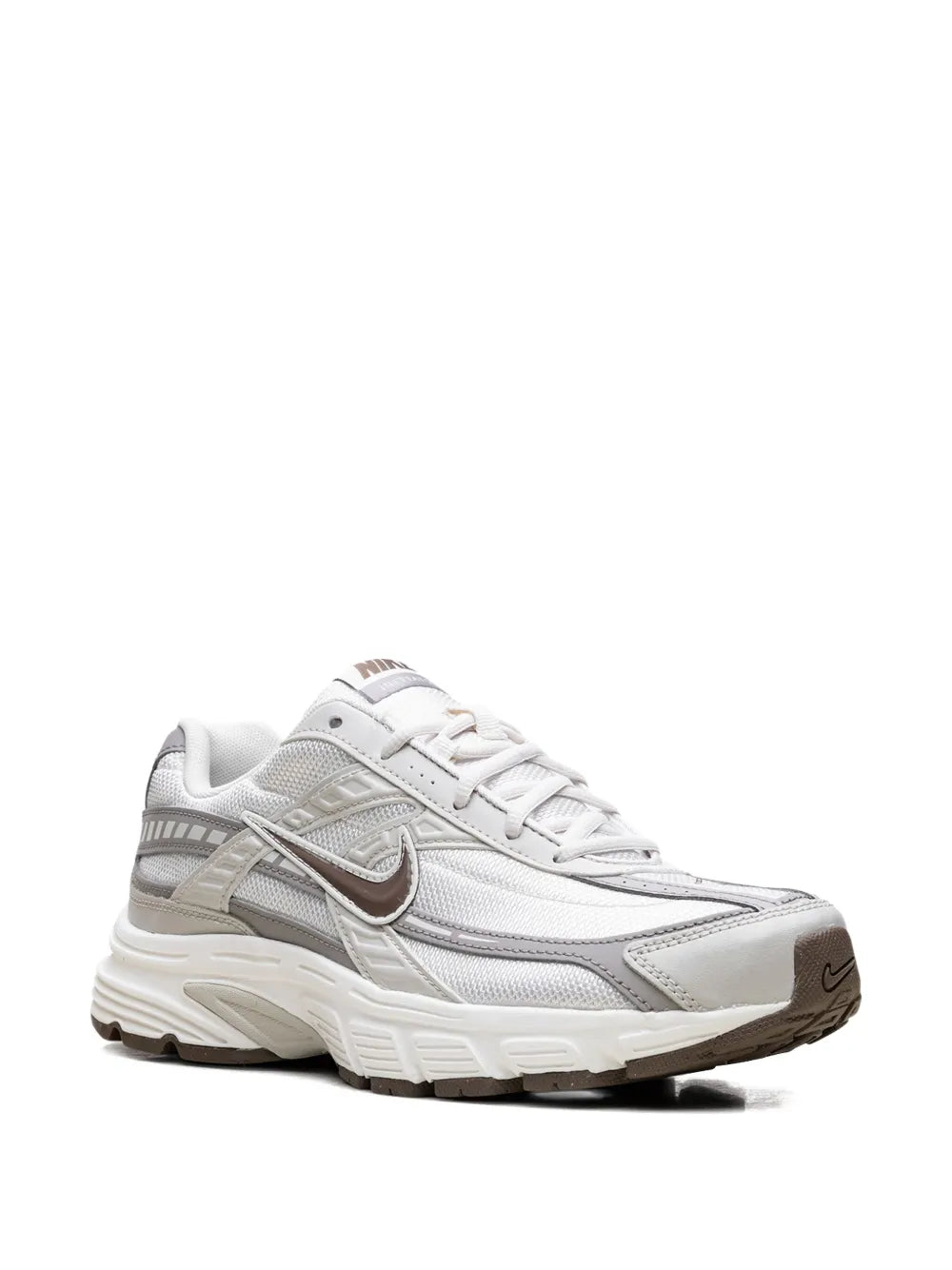Lace-up running sneakers in white and light gray with swoosh logo