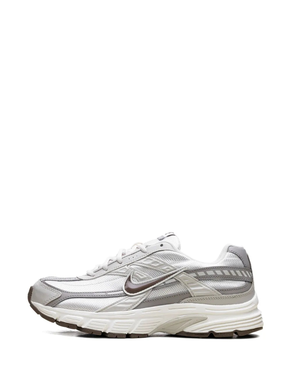 Lace-up running sneakers, white upper with gray overlays and swoosh