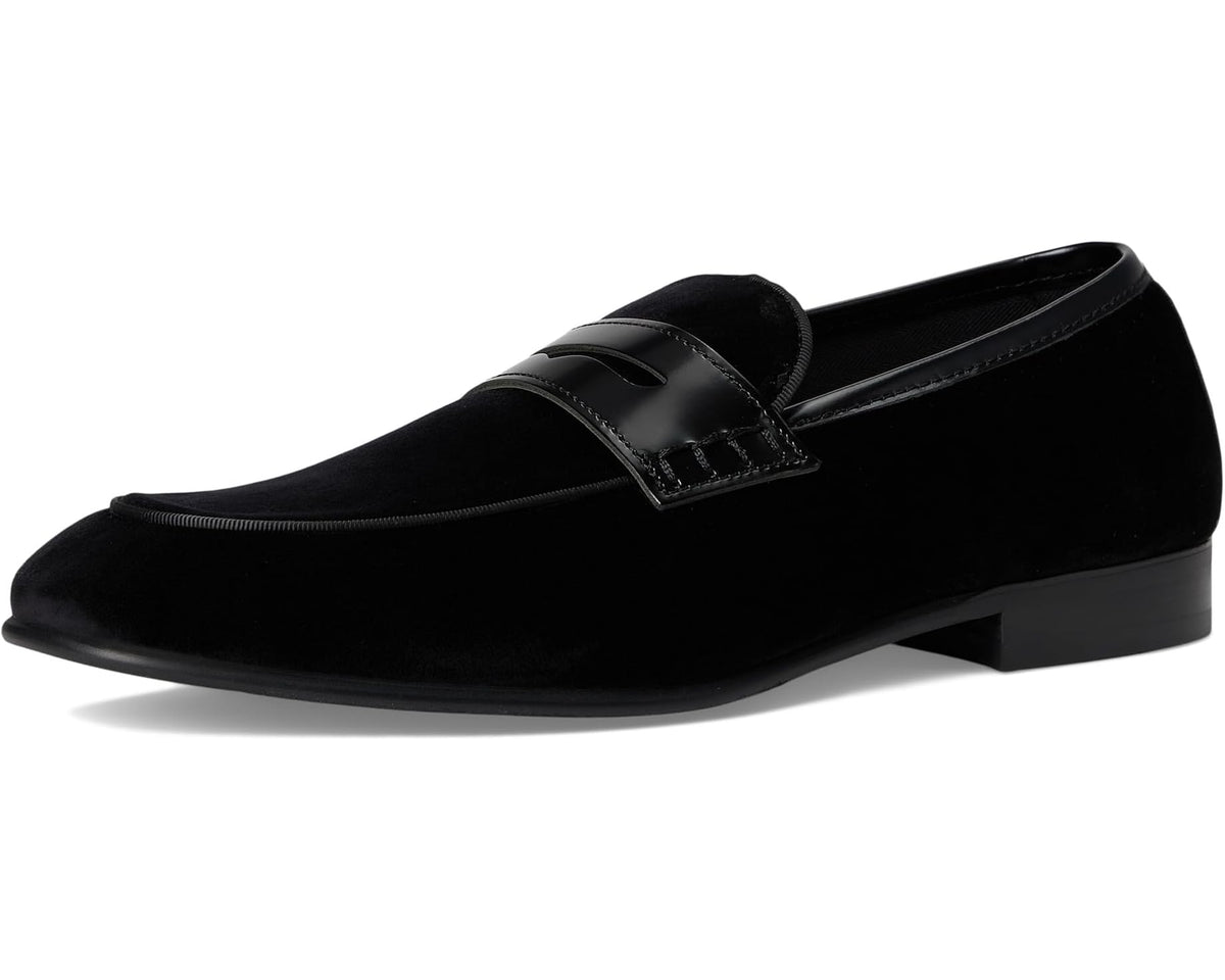 Black suede slip-on loafer with glossy strap and low block heel