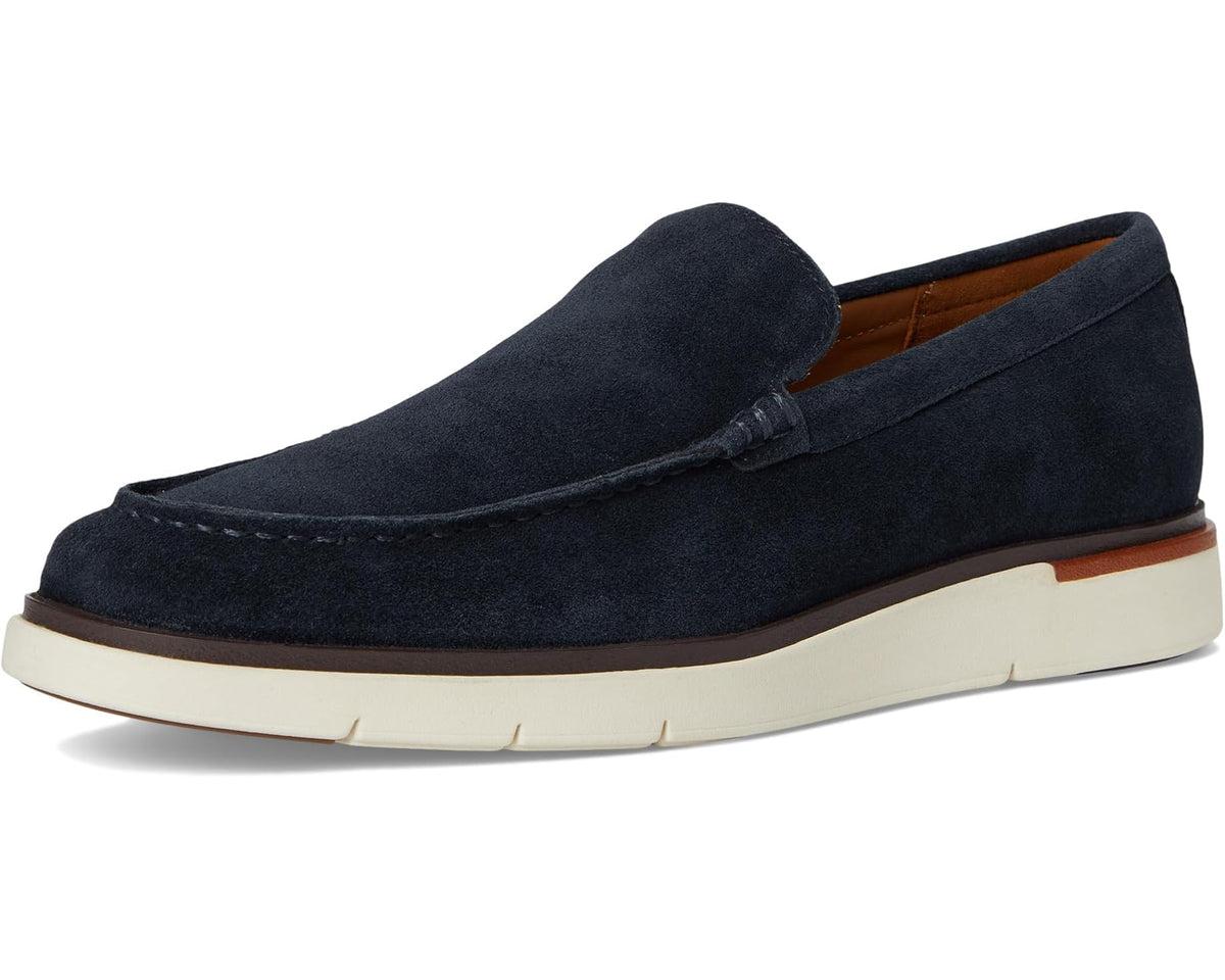 Men's navy suede Venetian loafer front view with stitched vamp and rubber cupsole