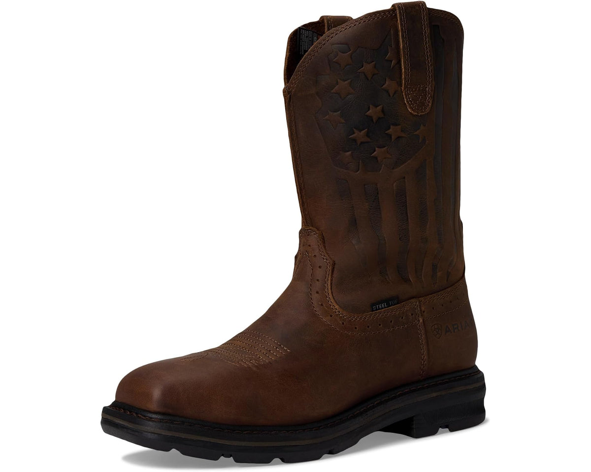 Men's Ariat Sierra Shock Shield Patriot Steel Toe Work Boots Distressed Brown
