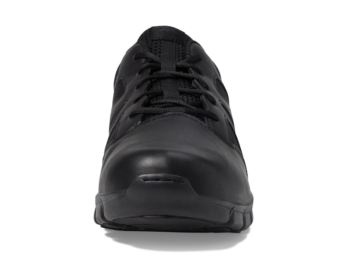 Black front view of lace-up work shoes with smooth soft-toe cap