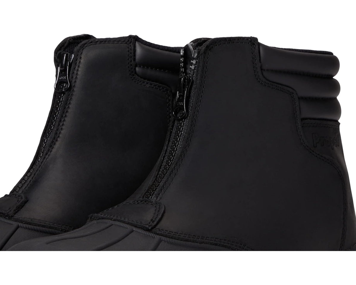 Men's Propet black mid-zip boot close-up with zipper and padded top collar