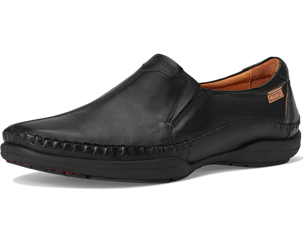 Men's black leather slip-on shoes with low-profile sole and side logo label