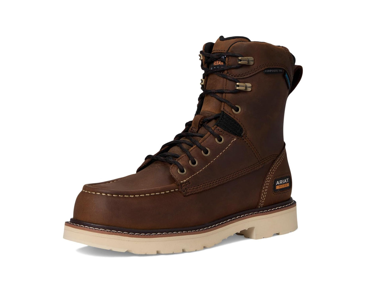 Brown Ariat 8-inch lace-up work boot with composite toe and cushioned collar
