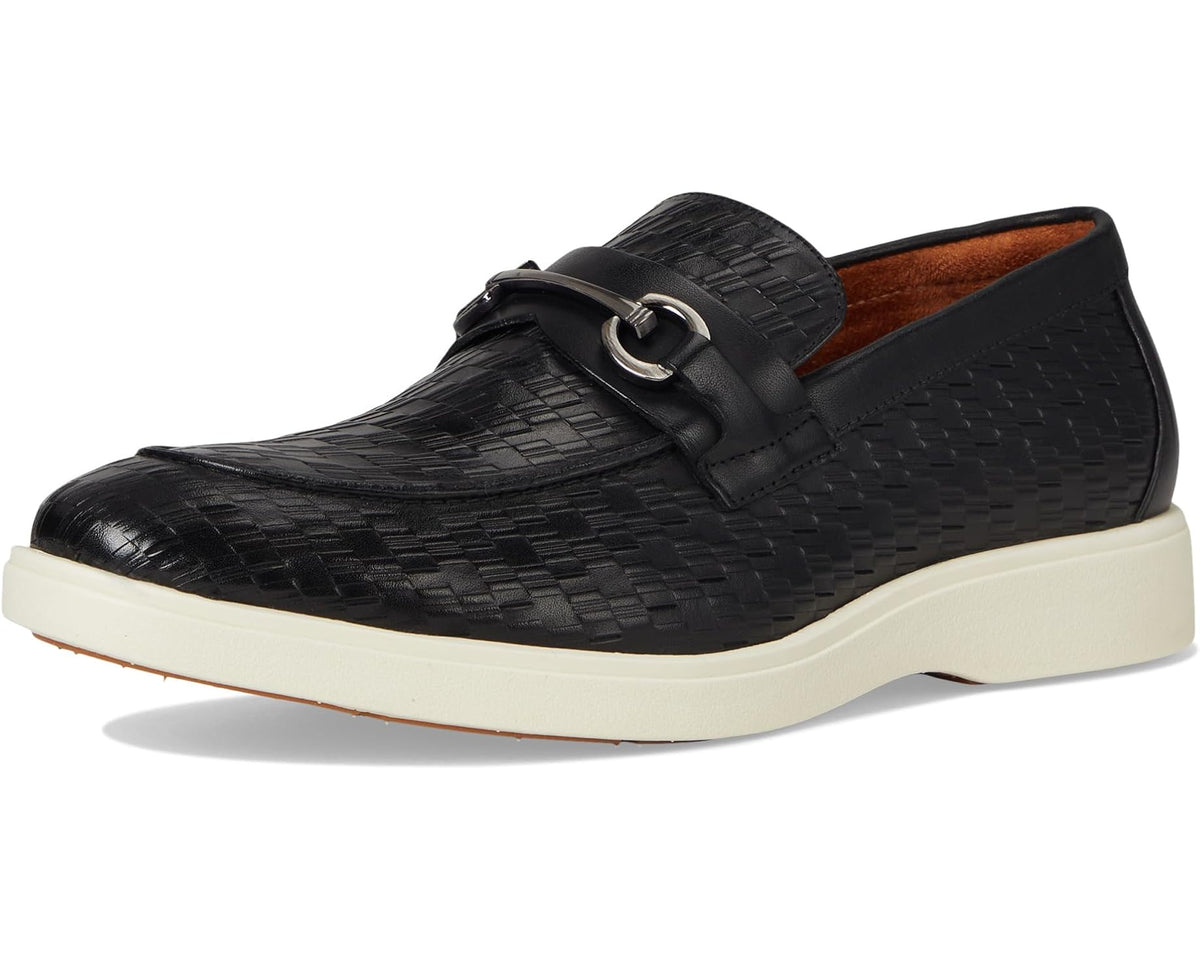 Stacy Adams black moc toe slip-on loafers with buckle strap and textured upper