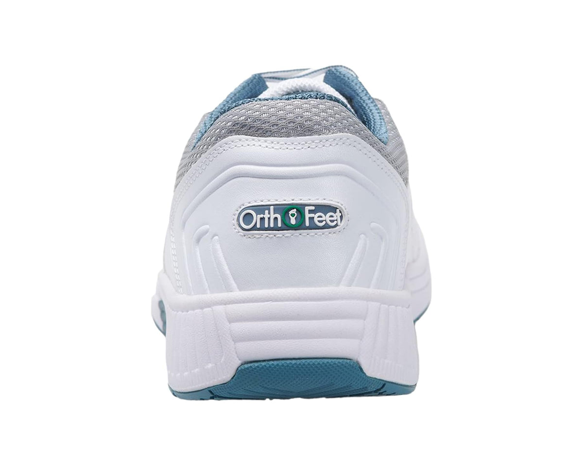 Men's Orthofeet Pacific Palisades white sneaker heel with Orthofeet logo and blue trim