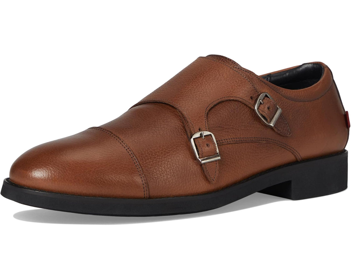 Men's cognac leather monk strap shoes with two buckles, side view