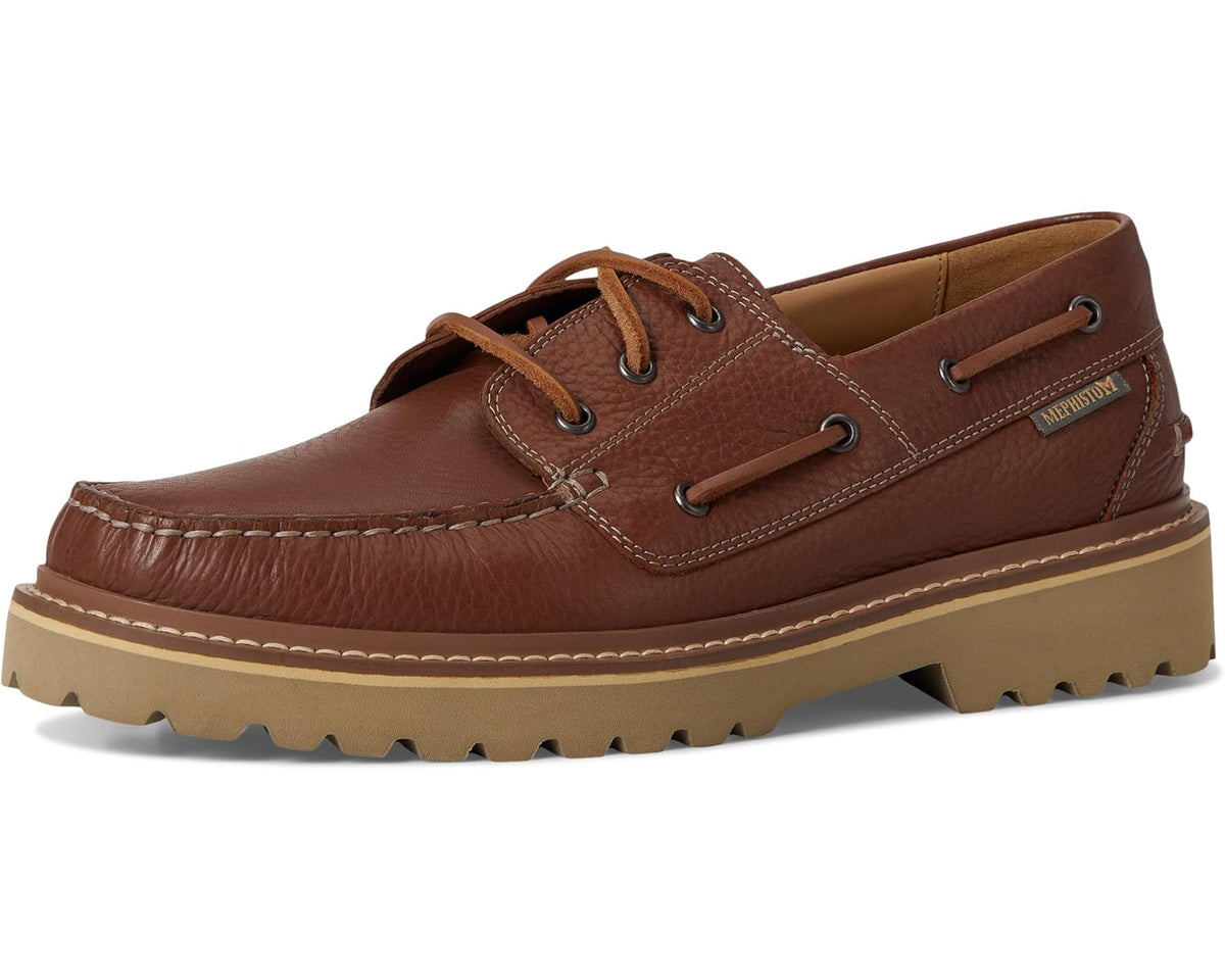 Hazelnut brown leather lace-up boat shoe side view with logo patch